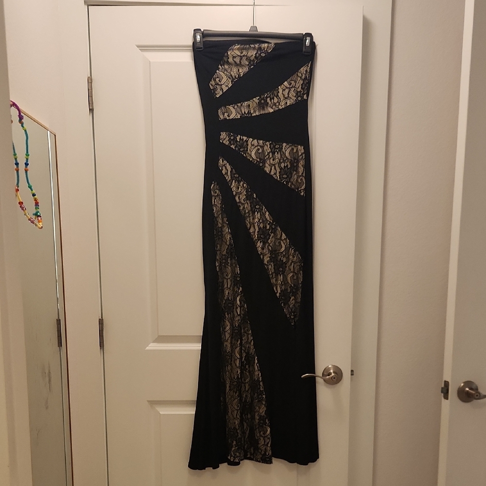 Black and Lace Strapless Evening Gown